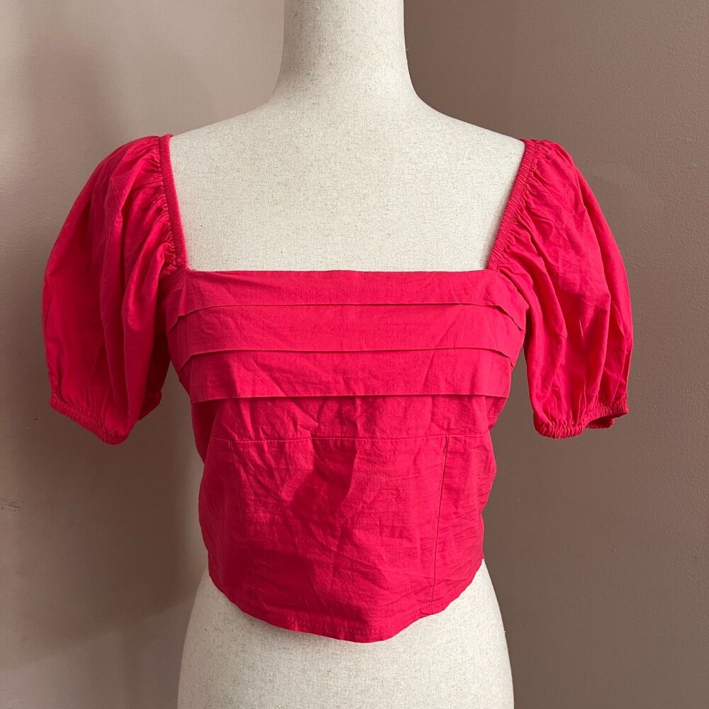Cottagecore Sim & Sam Pink Puff Sleeve Crop Top Square‎ Neck Smocked Back Size M